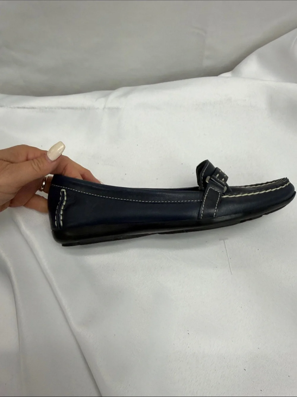 St. John's Bay Navy Leather Loafers with White Stitching